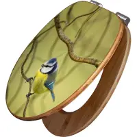 Banjado Design WC Sitz Bambus Absenkautomatik -Blaumeise im Baum - Toilettendeckel mit Absenkautomatik Holz/hochwertiger Bambus Klodeckel/WC-Sitz für alle gängigen Toiletten [TDB2 12828]