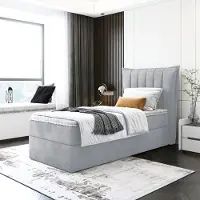 EURO-MEBLE Kinderbett, Boxspringbett LUMORA MINI mit T25 Topper, Einzelbett, Stauraum, Schlafzimmer, Polsterbett, 80x200 cm. (Hellgrau - Itaka 51)