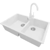 PrimaGran Granitspüle Weiß 78x50cm, Spülbecken 2 Becken + Küchenarmatur 32x20cm + Ablauf-Set, Küchenspüle ab 80er Unterschrank - Madrid Twin