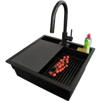 PrimaGran Granitspüle Alles Schwarz 56x54cm, Spülbecken 1 Becken + Ablauf-Set + Küchenzubehörset, Küchenspüle ab 60er Unterschrank - Bergen Pocket