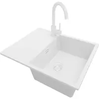 PrimaGran Granitspüle Alles Weiß 62x50cm, Spülbecken 1 Becken + Küchenarmatur 32x20cm + Ablauf-Set, Küchenspüle ab 45er Unterschrank - Ibiza