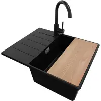 PrimaGran Granitspüle Schwarz 62x50cm, Spülbecken 1 Becken + Küchenarmatur 32x20cm + Ablauf-Set + Schneidebrett, Küchenspüle ab 45er Unterschrank - Kopenhagen