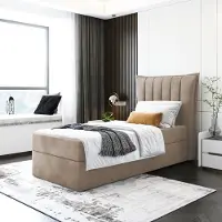 EURO-MEBLE Kinderbett, Boxspringbett LUMORA MINI mit T25 Topper, Einzelbett, Stauraum, Schlafzimmer, Polsterbett, 80x200 cm. (Cappuccino - Itaka 48)