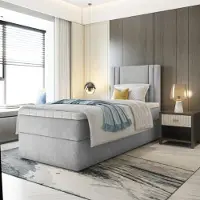 EURO-MEBLE Bett, Kinderbett, Continentalbett RALI MINI mit Bonell Matratze, T25 Topper, Doppelbett mit Container, H3 90x190 cm, [Hellgrau - Itaka 51]