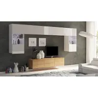 EURO-MEBLE Wohnwand CALABRINI-2 Wohnzimmer-Set Hängewohnwand Schrankwand mit LED-Beleuchtung TV-Schrank Vitrine Moderne Anbauwand Hochglanz (Weiß / Eiche Gold)