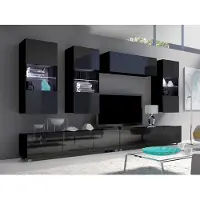 EURO-MEBLE Wohnwand CALABRINI-5 Wohnzimmer-Set Hängewohnwand Schrankwand mit LED-Beleuchtung TV-Schrank Vitrine Moderne Anbauwand Hochglanz (Schwarz)