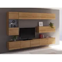 EURO-MEBLE Wohnwand CALABRINI-4 Wohnzimmer-Set Hängewohnwand Schrankwand mit LED-Beleuchtung TV-Schrank Vitrine Moderne Anbauwand Hochglanz (Eiche Gold)