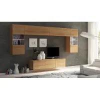 EURO-MEBLE Wohnwand CALABRINI-2 Wohnzimmer-Set Hängewohnwand Schrankwand mit LED-Beleuchtung TV-Schrank Vitrine Moderne Anbauwand (Eiche Gold / Eiche Gold)