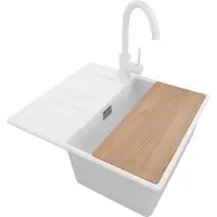 PrimaGran Granitspüle Weiß 55x50cm, Spülbecken 1 Becken + Küchenarmatur 32x20cm + Ablauf-Set + Schneidebrett, Küchenspüle ab 40er Unterschrank - Kopenhagen