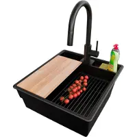 PrimaGran Granitspüle Alles Schwarz 48x53cm, Spülbecken 1 Becken + Ablauf-Set + Küchenzubehörset, Küchenspüle ab 50er Unterschrank - New York