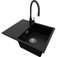 PrimaGran Granitspüle Schwarz 62x50cm, Spülbecken 1 Becken + Küchenarmatur 40x38cm + Ablauf-Set, Küchenspüle ab 45er Unterschrank - Ibiza