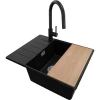 PrimaGran Granitspüle Schwarz 62x50cm, Spülbecken 1 Becken + Küchenarmatur 40x20cm + Ablauf-Set + Schneidebrett, Küchenspüle ab 50er Unterschrank - Kopenhagen