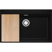 PrimaGran Spülbecken Schwarz Metallic 78x50cm, Granitspüle 1 Becken + Ablauf-Set + Schneidebrett, Küchenspüle ab 80er Unterschrank - Oslo