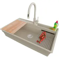 PrimaGran Granitspüle Beige 88x53cm, Spülbecken 1 Becken + Ablauf-Set + Küchenzubehörset, Küchenspüle ab 90er Unterschrank - Oslo Pocket