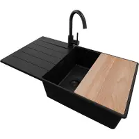 PrimaGran Granitspüle Alles Schwarz 90x50cm, Spülbecken 1 Becken + Ablauf-Set + Küchenzubehörset, Küchenspüle ab 60er Unterschrank - Kopenhagen