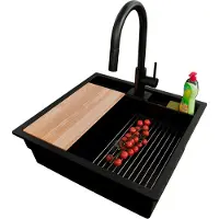 PrimaGran Unterbauspüle Granit Schwarz 56x54cm, Spülbecken 1 Becken + Ablauf-Set + Küchenzubehörset, Granitspüle ab 60er Unterschrank - Bergen Pocket