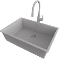 PrimaGran Unterbauspüle Granit Grau 66x47cm, Spülbecken 1 Becken + Küchenarmatur 38x14cm + Ablauf-Set, Granitspüle ab 70er Unterschrank - London