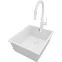 PrimaGran Granitspüle Alles Weiß 41x47cm, Spülbecken 1 Becken + Küchenarmatur 40x20cm + Ablauf-Set, Küchenspüle ab 45er Unterschrank - London Slim