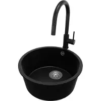 PrimaGran Granitspüle Schwarz 46x46cm, Spülbecken Rund 1 Becken + Küchenarmatur 40x20cm + Ablauf-Set, Küchenspüle ab 50er Unterschrank - Valletta Slim