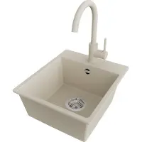 PrimaGran Granitspüle Beige 38x44cm, Spülbecken 1 Becken + Küchenarmatur 32x20cm + Ablauf-Set, Küchenspüle ab 40er Unterschrank - Riga Easy