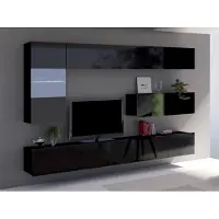EURO-MEBLE Wohnwand CALABRINI-4 Wohnzimmer-Set Hängewohnwand Schrankwand mit LED-Beleuchtung TV-Schrank Vitrine Moderne Anbauwand Hochglanz (Schwarz)