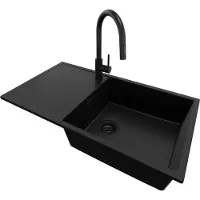 PrimaGran Granitspüle Alles Schwarz 90x50cm, Spülbecken 1 Becken + Küchenarmatur 40x20cm + Ablauf-Set, Küchenspüle ab 60er Unterschrank - Ibiza