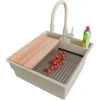 PrimaGran Granitspüle Beige 48x53cm, Spülbecken 1 Becken + Küchenarmatur 38x14cm + Ablauf-Set + Küchenzubehörset, Küchenspüle ab 50er Unterschrank - New York