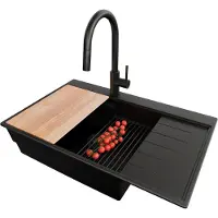 PrimaGran Granitspüle Alles Schwarz 78x50cm, Spülbecken 1 Becken + Ablauf-Set + Küchenzubehörset, Küchenspüle ab 60er Unterschrank - Sydney