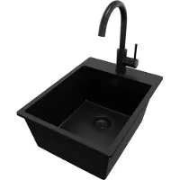 PrimaGran Granitspüle Alles Schwarz 38x50cm, Spülbecken 1 Becken + Küchenarmatur 32x20cm + Ablauf-Set, Küchenspüle ab 40er Unterschrank - Riga