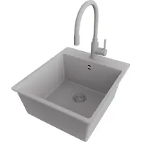 PrimaGran Granitspüle Grau 43x50cm, Spülbecken 1 Becken + Küchenarmatur 38x14cm + Ablauf-Set, Küchenspüle ab 45er Unterschrank - Riga