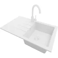 PrimaGran Granitspüle Alles Weiß 78x50cm, Spülbecken 1 Becken + Küchenarmatur 32x20cm + Ablauf-Set, Küchenspüle ab 45er Unterschrank - Mailand