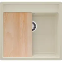 PrimaGran Eckspüle Beige 56x53cm, Granitspüle 1 Becken + Ablauf-Set + Schneidebrett, Küchenspüle ab 60er Unterschrank - Bergen