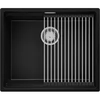 PrimaGran Spülbecken Schwarz 56x47cm, Granitspüle 1 Becken + Ablauf-Set + Aufrollbare Abtropffläche, Küchenspüle ab 60er Unterschrank - Praga Slim