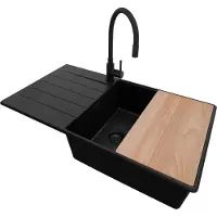 PrimaGran Granitspüle Alles Schwarz 90x50cm, Spülbecken 1 Becken + Ablauf-Set + Küchenzubehörset, Küchenspüle ab 60er Unterschrank - Kopenhagen