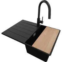 PrimaGran Granitspüle Schwarz 70x50cm, Spülbecken 1 Becken + Küchenarmatur 40x20cm + Ablauf-Set + Schneidebrett, Küchenspüle ab 40er Unterschrank - Kopenhagen
