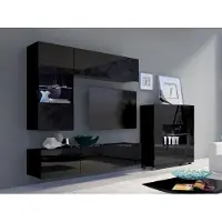 EURO-MEBLE Wohnzimmer-Set CALABRINI-3 Wohnwand Hängewohnwand Schrankwand mit LED-Beleuchtung TV-Schrank Vitrine Kommode Anbauwand Hochglanz (Schwarz Hochglanz)