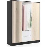 ALTDECOR Kleiderschrank NERA mit Spiegel und selbstschließenden Flügeltüren mit Lamel - 150 cm Schwarz / Weiß / Artisan