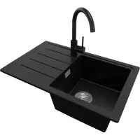 PrimaGran Granitspüle Schwarz 70x44cm, Spülbecken 1 Becken + Küchenarmatur 32x20cm + Ablauf-Set, Küchenspüle ab 45er Unterschrank - Kopenhagen Easy