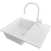PrimaGran Granitspüle Alles Weiß 62x50cm, Spülbecken 1 Becken + Küchenarmatur 38x14cm + Ablauf-Set, Küchenspüle ab 45er Unterschrank - Ibiza