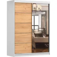 MOEBLO Kleiderschrank mit Spiegel Schwebetürenschrank 2-türig Schrank mit Einlegeböden und Kleiderstange Schiebtüren Schlafzimmer Wohnzimmerschrank 150x200x61 cm - Beni 05 Craft (Weiß + Craft gold, 150)