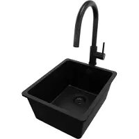 PrimaGran Granitspüle Alles Schwarz 36x44cm, Spülbecken 1 Becken + Küchenarmatur 40x20cm + Ablauf-Set, Küchenspüle ab 40er Unterschrank - Venedig Slim Easy