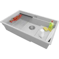 PrimaGran Unterbauspüle Granit Grau 76x47cm, Spülbecken 1 Becken + Ablauf-Set + Aufrollbare Abtropffläche, Granitspüle ab 80er Unterschrank - Praga