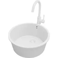 PrimaGran Granitspüle Alles Weiß 46x46cm, Spülbecken Rund 1 Becken + Küchenarmatur 32x20cm + Ablauf-Set, Küchenspüle ab 50er Unterschrank - Valletta Slim