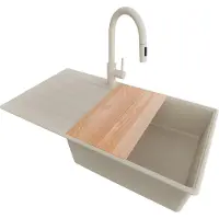 PrimaGran Granitspüle Beige 90x50cm, Spülbecken 1 Becken + Küchenarmatur 40x20cm + Ablauf-Set + Schneidebrett, Küchenspüle ab 60er Unterschrank - Kopenhagen
