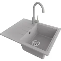 PrimaGran Granitspüle Grau 62x50cm, Spülbecken 1 Becken + Küchenarmatur 32x20cm + Ablauf-Set, Küchenspüle ab 40er Unterschrank - Mailand