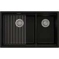 PrimaGran Spülbecken Schwarz Metallic 76x47cm, Granitspüle 2 Becken + Ablauf-Set + Aufrollbare Abtropffläche, Küchenspüle ab 80er Unterschrank - Praga Slim Duo