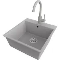 PrimaGran Granitspüle Grau 48x50cm, Spülbecken 1 Becken + Küchenarmatur 32x20cm + Ablauf-Set, Küchenspüle ab 50er Unterschrank - Riga