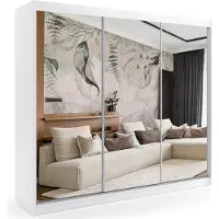 ALTDECOR Kleiderschrank mit Spiegel und Schiebetüren, kugelgelagerte Führungsschienen und Aluminium-Leisten, mit LED-Beleuchtung und Fernbedienung - DEBI - 180 cm - Weiß