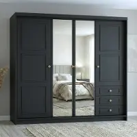 Mebloland Geräumiger vier­türiger Kleiderschrank OSLO mit Schubladen und Metallgriffen – modernes Design Farbe: Schwarz