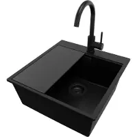 PrimaGran Granitspüle Alles Schwarz 48x50cm, Spülbecken 1 Becken + Küchenarmatur 32x20cm + Ablauf-Set + Schneidebrett, Küchenspüle ab 50er Unterschrank - Oslo